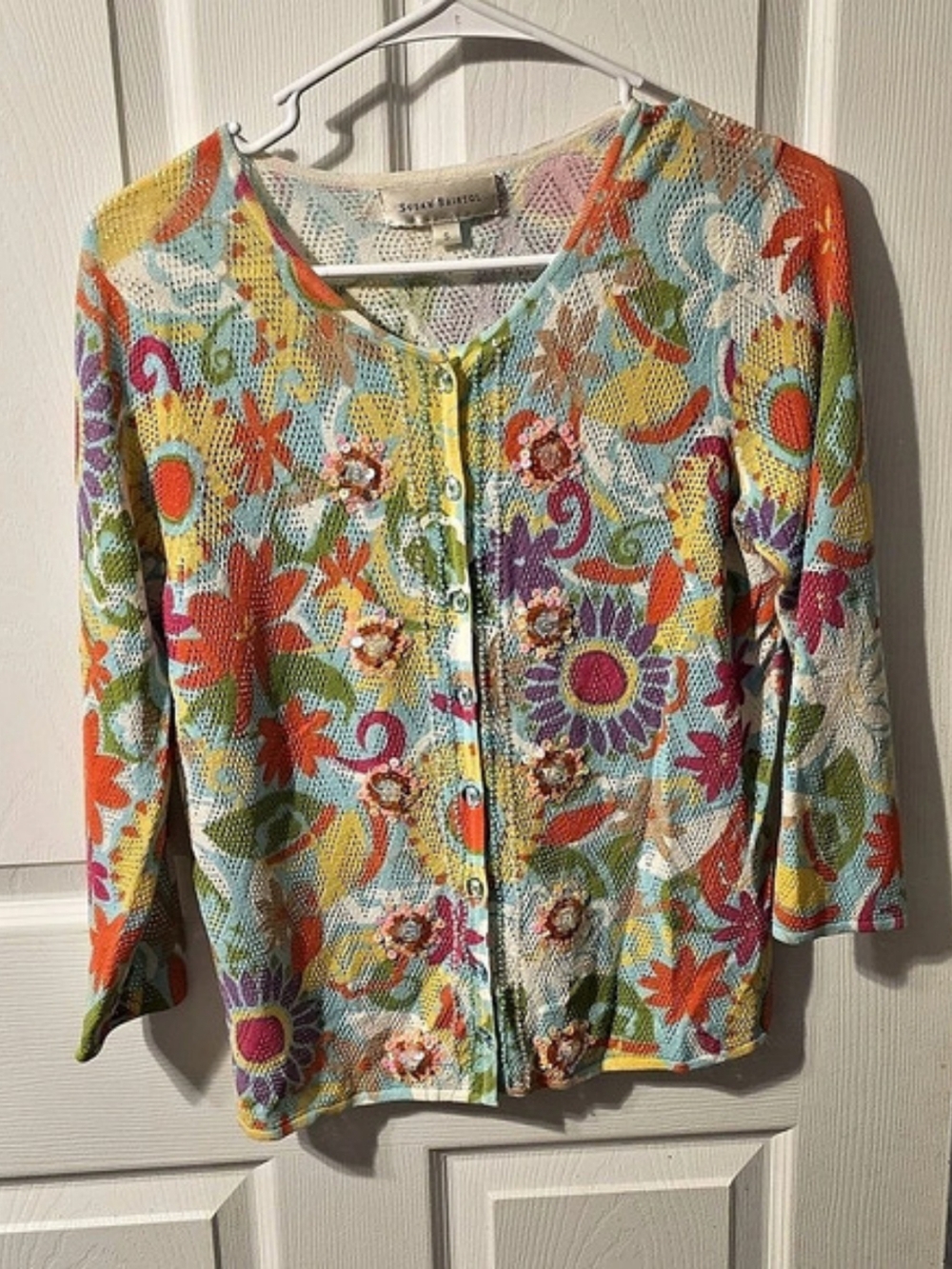 Susan Bristol Floral Sequin Cardigan in Blue Size Small